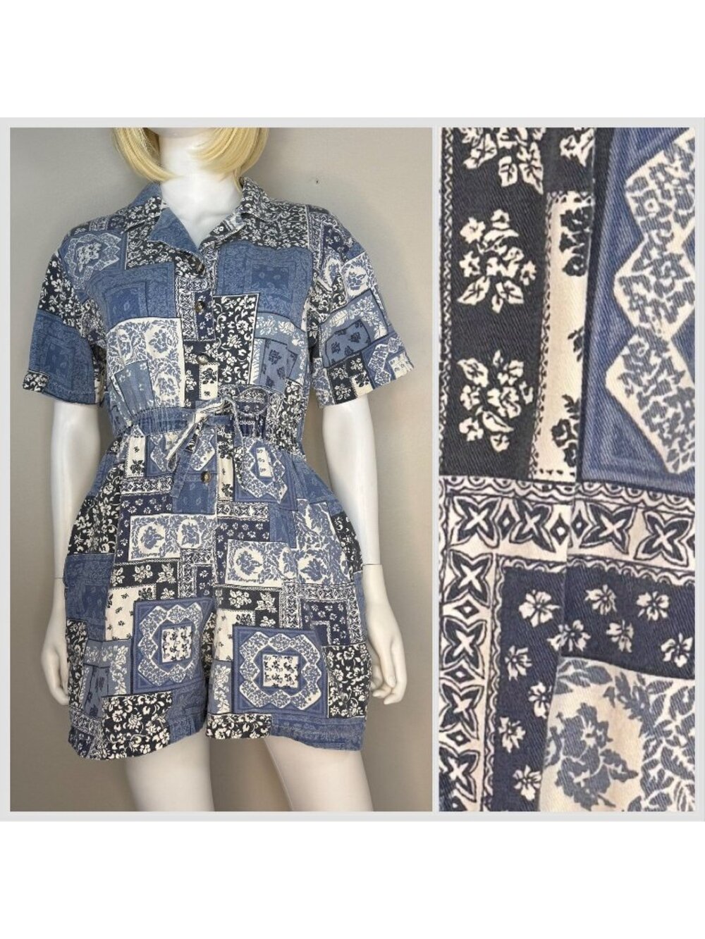 Vintage 1990s Bandana Patchwork Print Denim Romper Studiowear Petite Size Medium